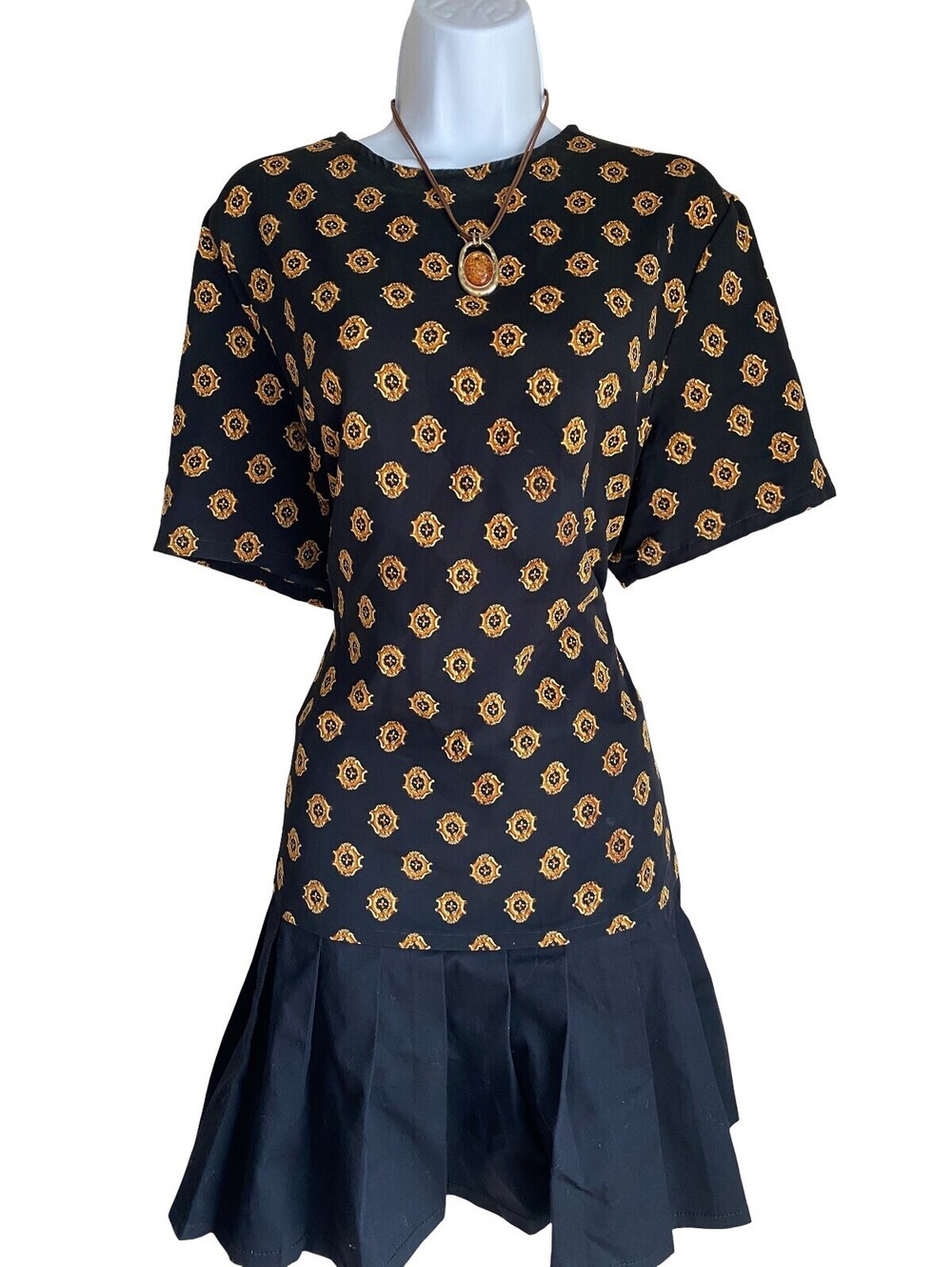 Y2K BonWorth Women's Petite L Black Gold Print Tunic Blouse Whimsigoth Goth